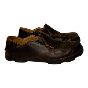 OluKai Moloa #10128-6348 Leather Slip-On Loafers in Dark Wood Color Size 10M